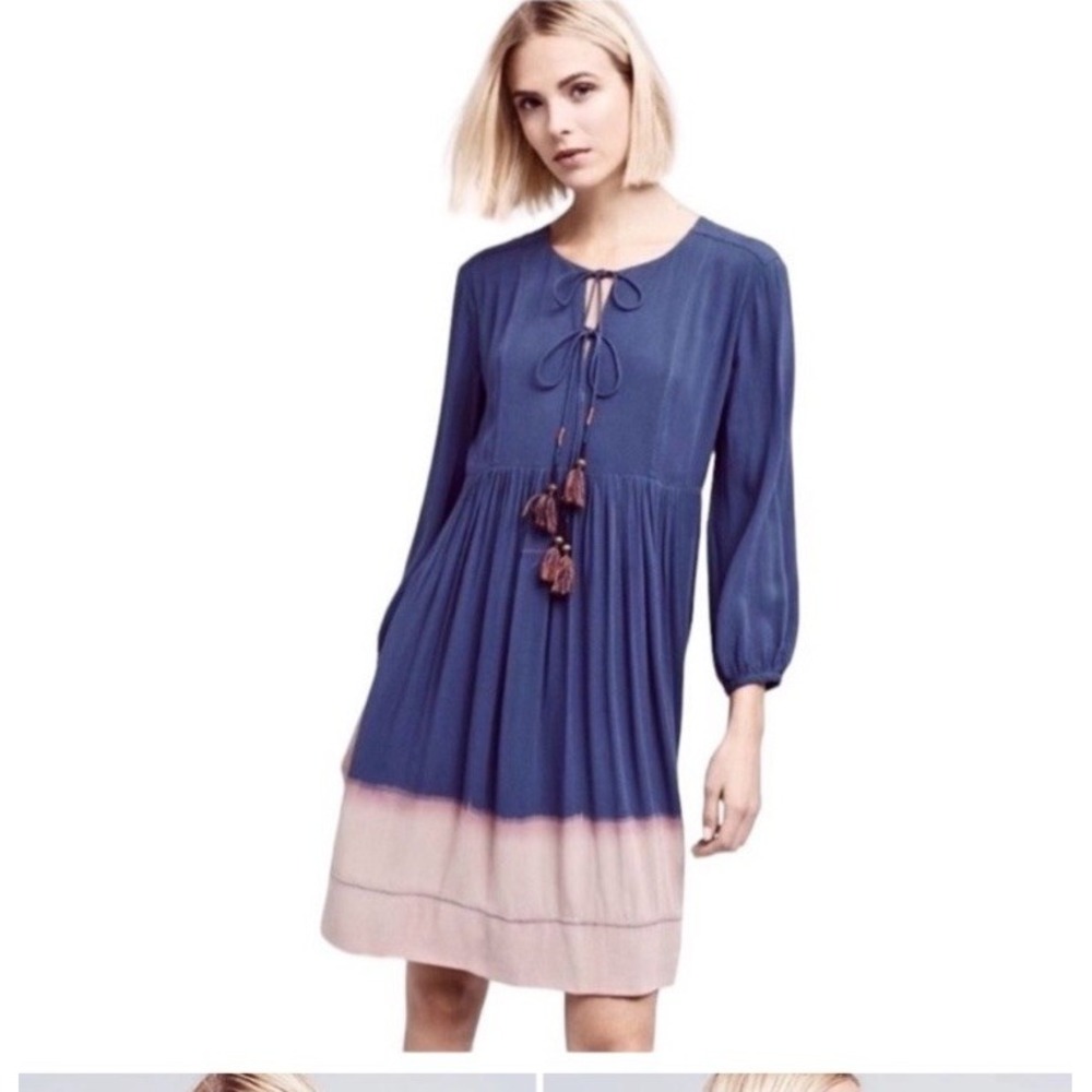 Anthropologie Holding Horses Tie Dip Dye Peasant Casual Mini Dress XS LongSleeve